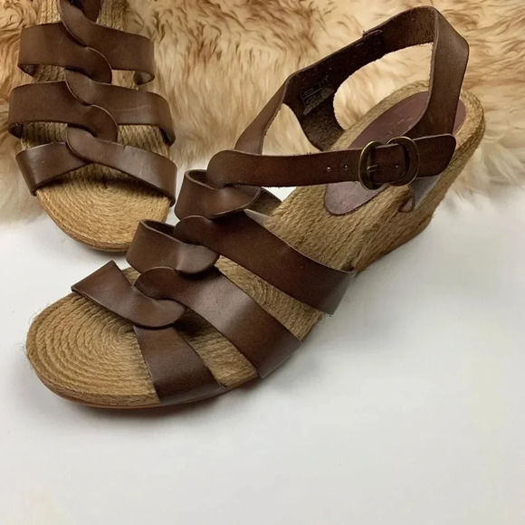 Eric Michael Brown Leather Wedge Espadrille Sandals Hobo Woven - Picture 2 of 6